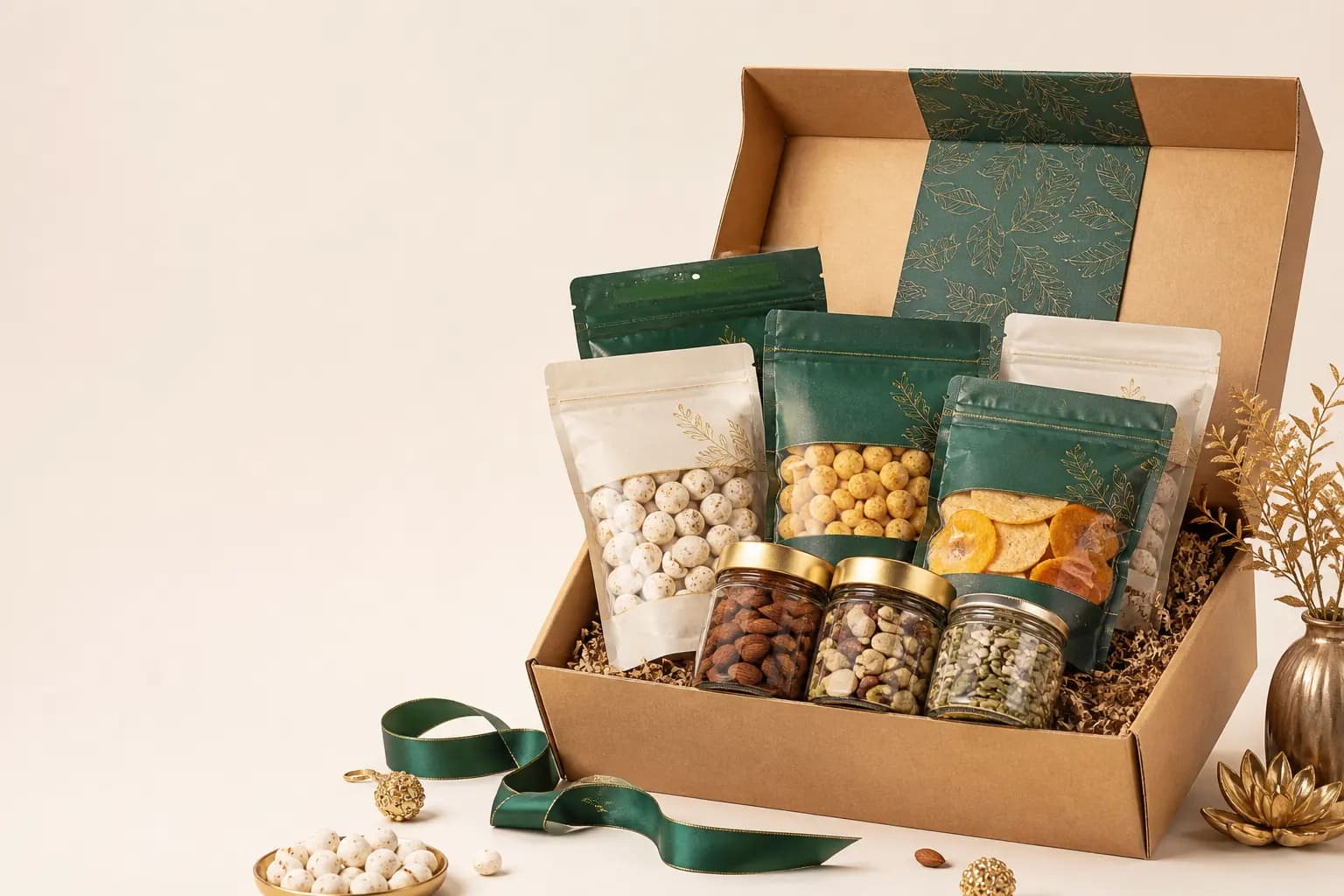 Healthy snack gift hamper with makhana, chips, seeds and dry fruits